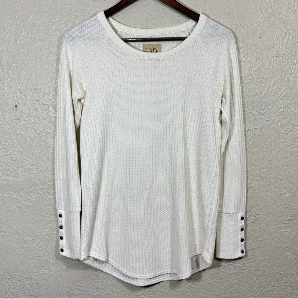 Chaser Waffle Knit Thermal Top Small Cream Pullover Henley Travel Stretch Boho‎